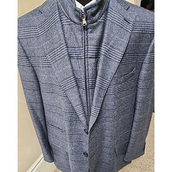 sanRemo made in Bulgaria Wool Blue Glenplaid Blazer Jacket With Zip Out Bib 48us